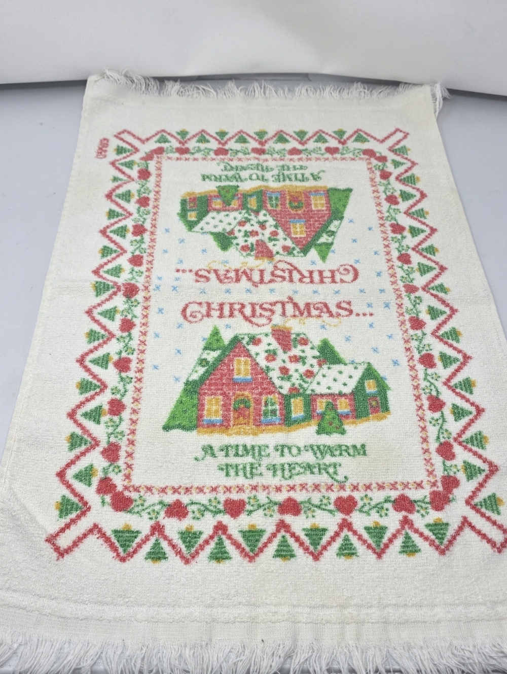 Vintage Christmas Hand Towel Fringed Time Warm the Heart Cotton Blend